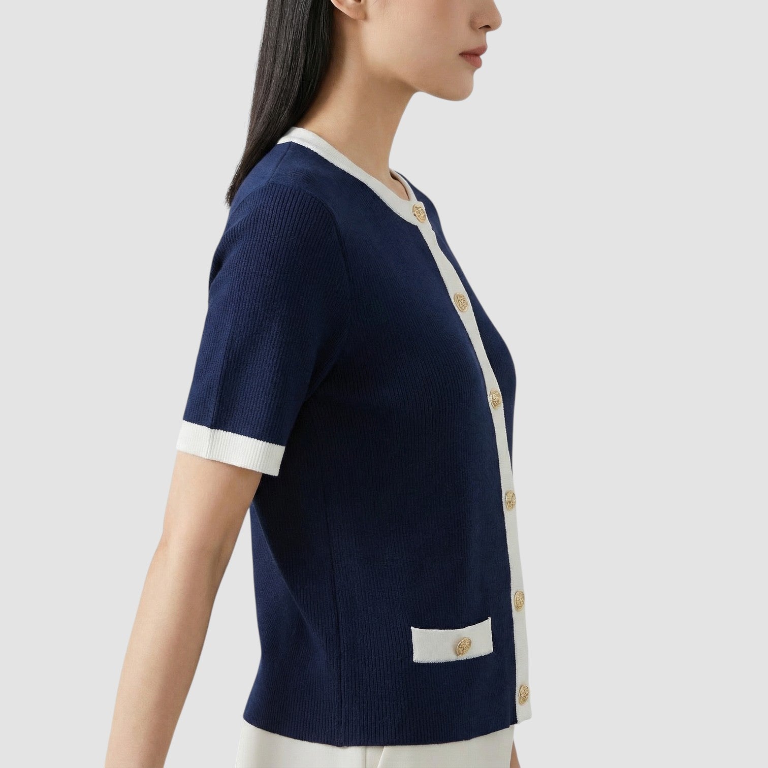 Gilet court en maille pour femme – Haut noir rétro élégant boutonné