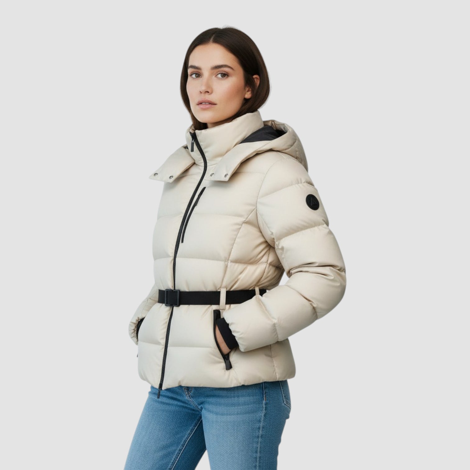 Veste d'hiver pour femme en duvet avec taille ceinturée et poignets